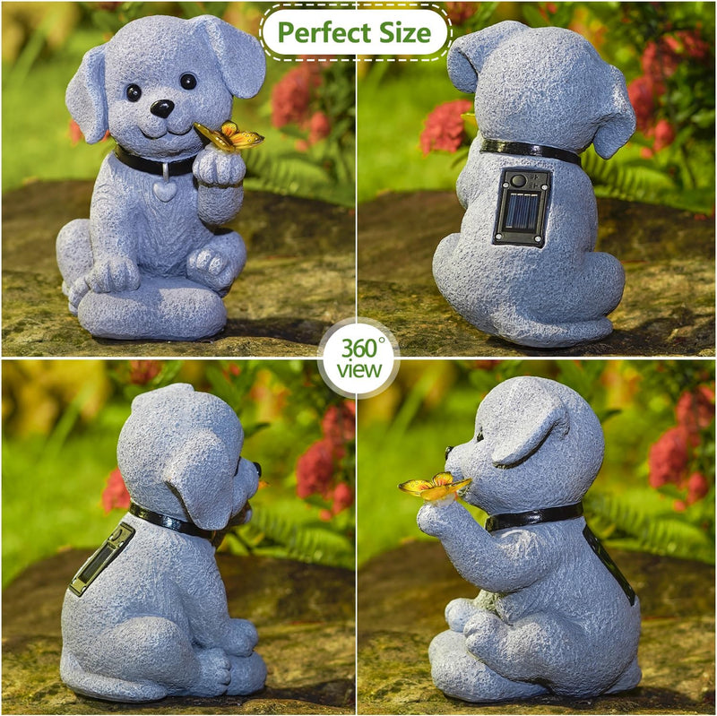 Outdoor Puppy Ornaments Solar Animal Statues with Butterfly Light