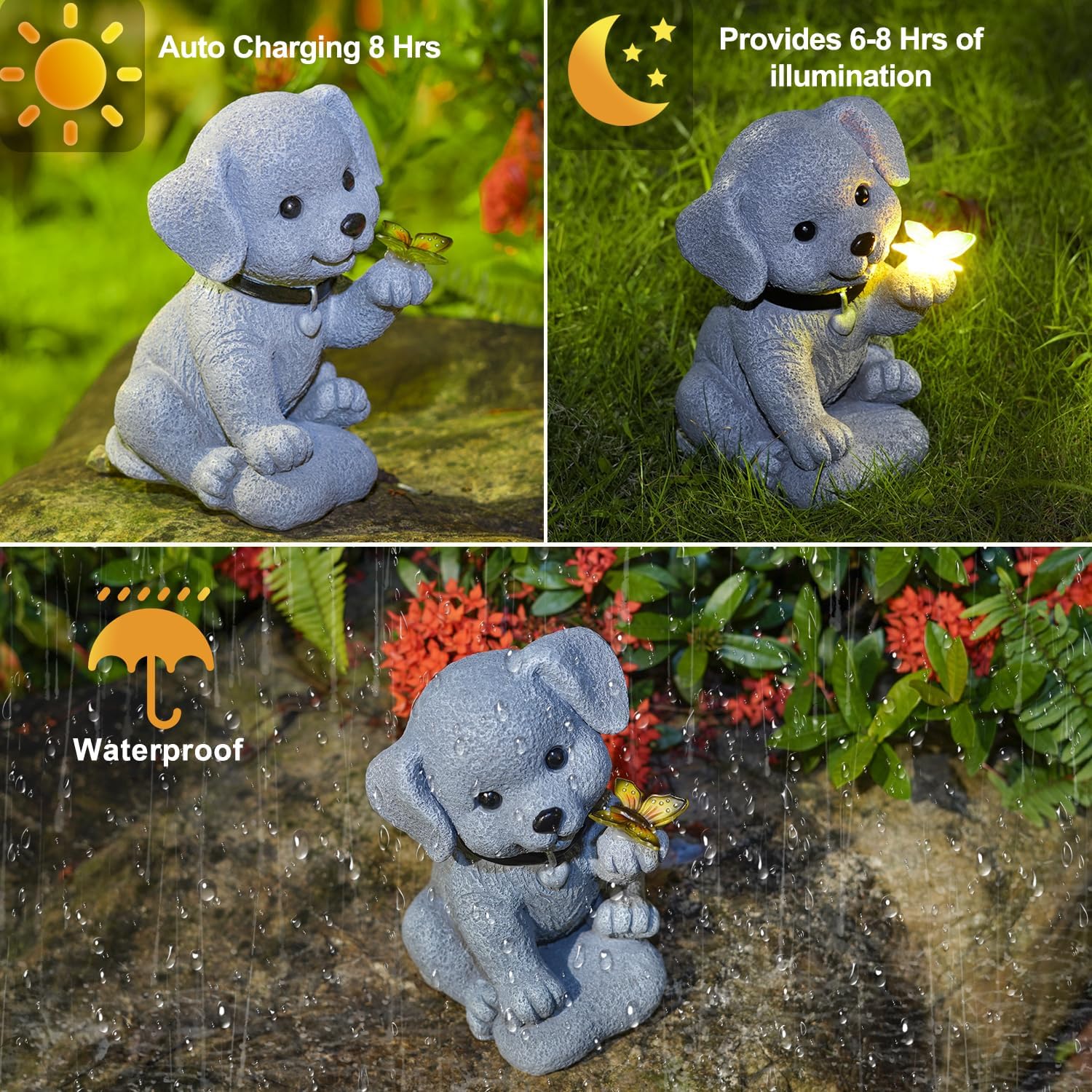 Outdoor Puppy Ornaments Solar Animal Statues with Butterfly Light