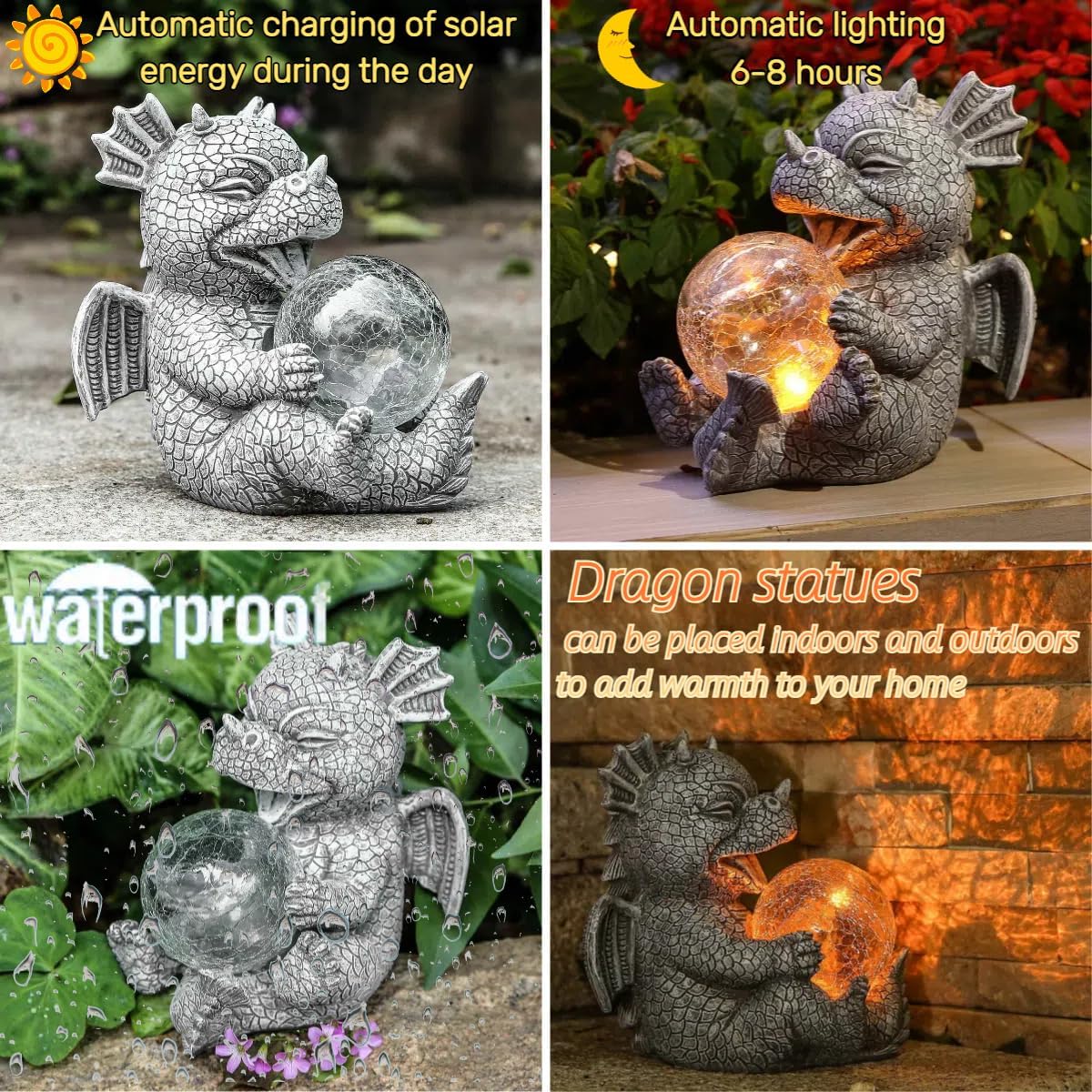 Garden Solar Dragon Statue Cute and Hold Glowing Glass Ball Resin Sculpture