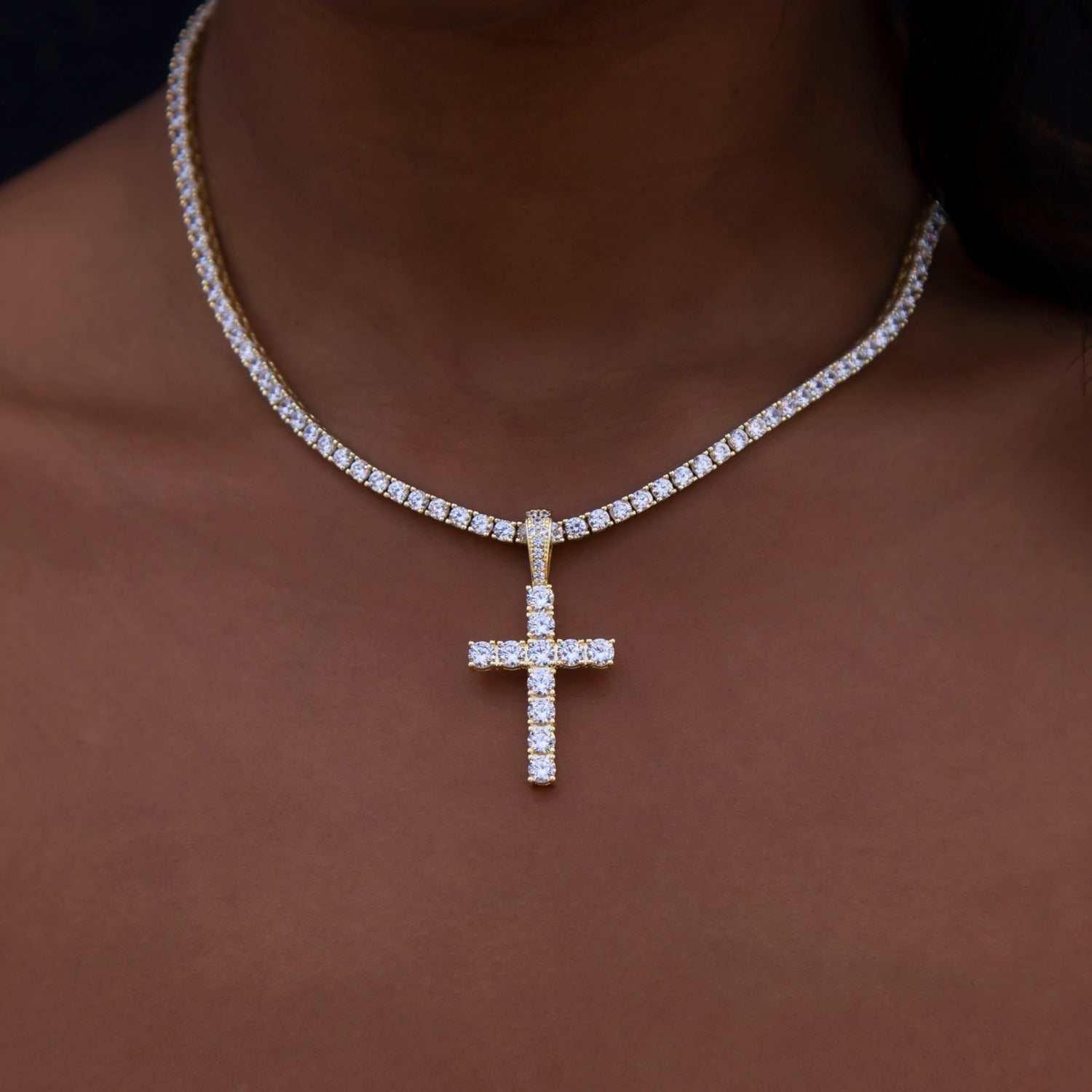 Diamond Tennis and Diamond Cuban Necklaces + Diamond Cross Bundle in Yellow Gold