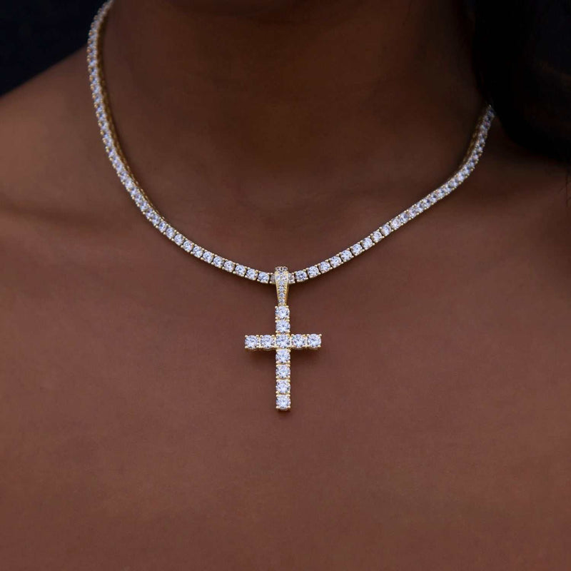 Diamond Tennis and Diamond Cuban Necklaces + Diamond Cross Bundle in Yellow Gold