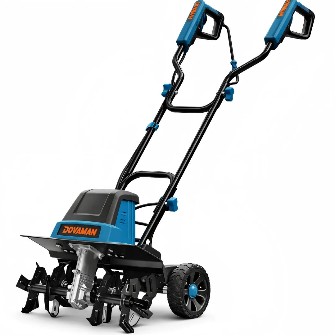 DOVAMAN 18-Inch Electric Garden Tiller 15-Amp Corded Cultivator, 9-Inch Depth, 4-Position Wheels, Foldable Handle