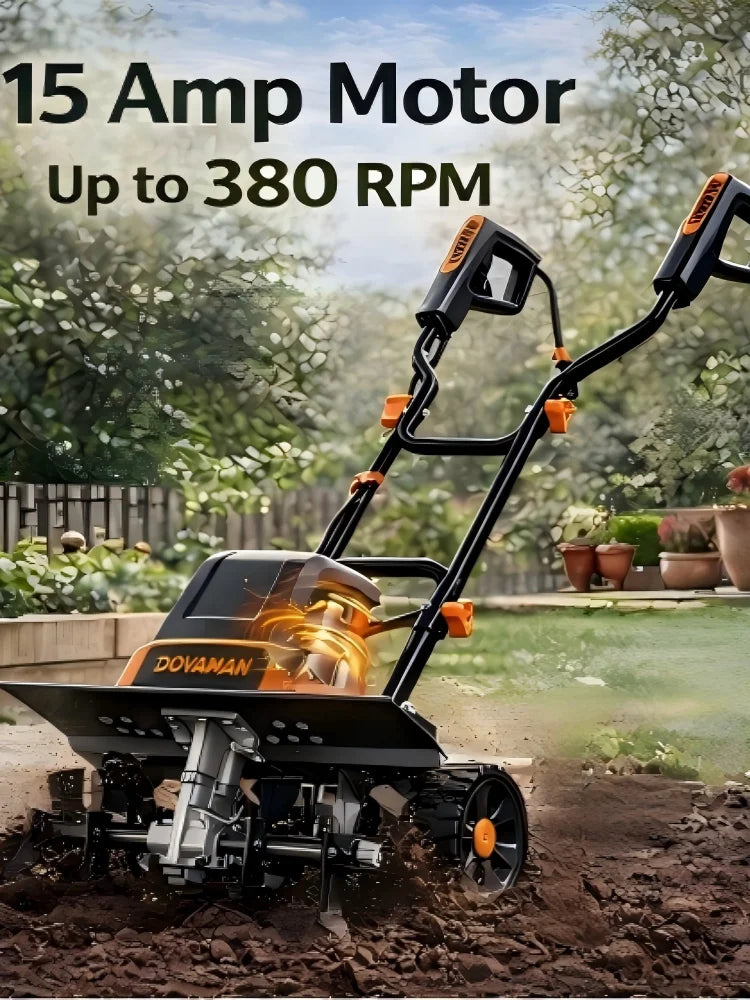 DOVAMAN 18-Inch Electric Garden Tiller 15-Amp Corded Cultivator, 9-Inch Depth, 4-Position Wheels, Foldable Handle