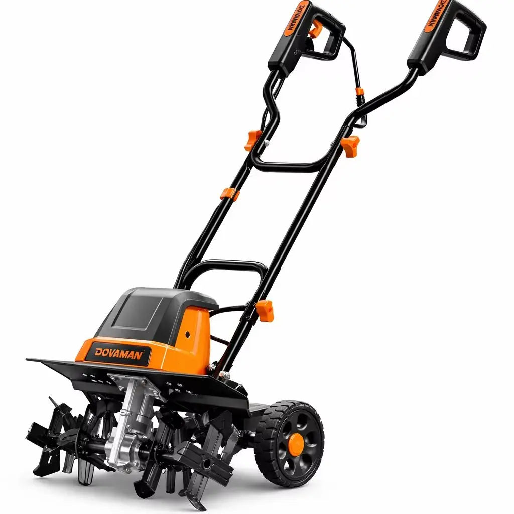 DOVAMAN 18-Inch Electric Garden Tiller 15-Amp Corded Cultivator, 9-Inch Depth, 4-Position Wheels, Foldable Handle
