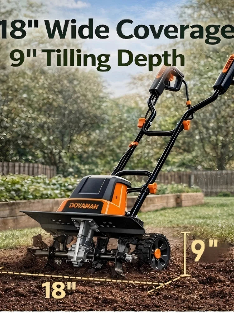 DOVAMAN 18-Inch Electric Garden Tiller 15-Amp Corded Cultivator, 9-Inch Depth, 4-Position Wheels, Foldable Handle