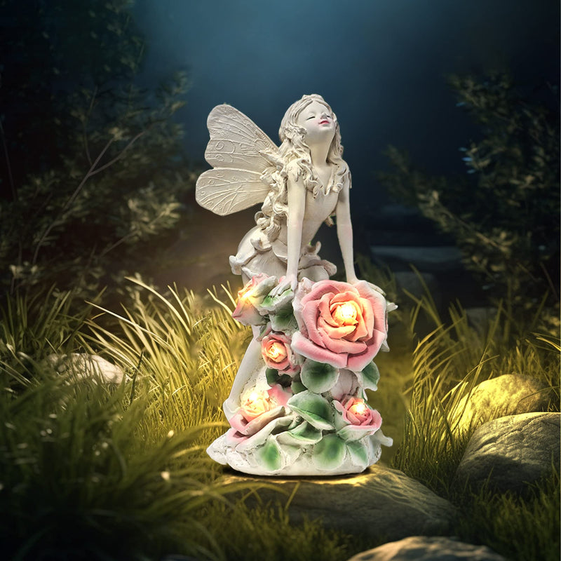 Luci solari per statue di angeli con fiori da giardino per patio e prato