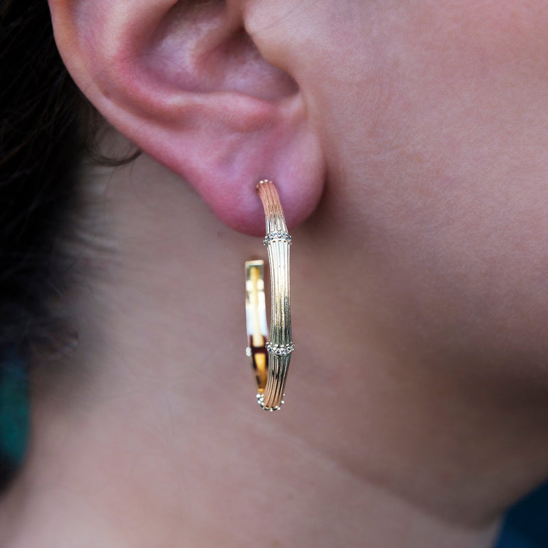 Iced Textured Bamboo Hoop Earrings in Yellow Gold