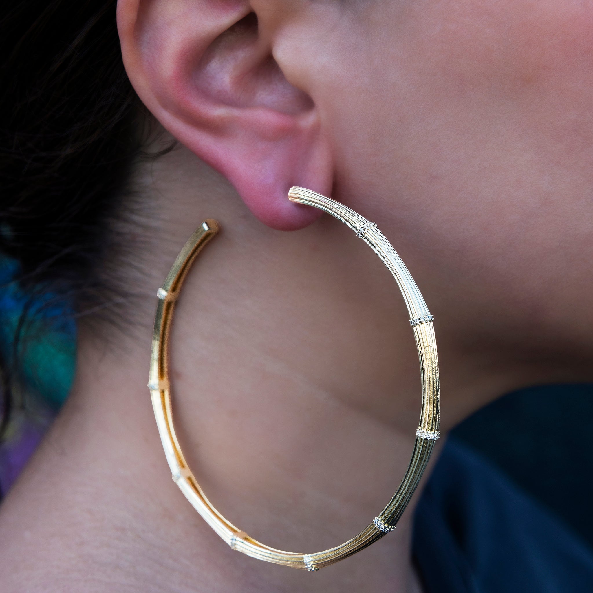 Iced Textured Bamboo Hoop Earrings in Yellow Gold