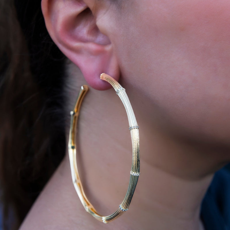 Iced Textured Bamboo Hoop Earrings in Yellow Gold