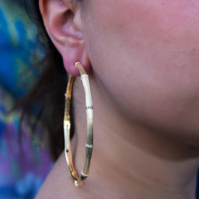 Iced Textured Bamboo Hoop Earrings in Yellow Gold