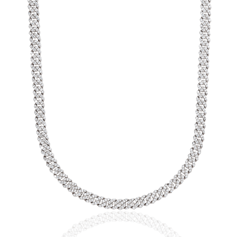 Micro Diamond Prong Cuban Chain in White Gold - 6mm