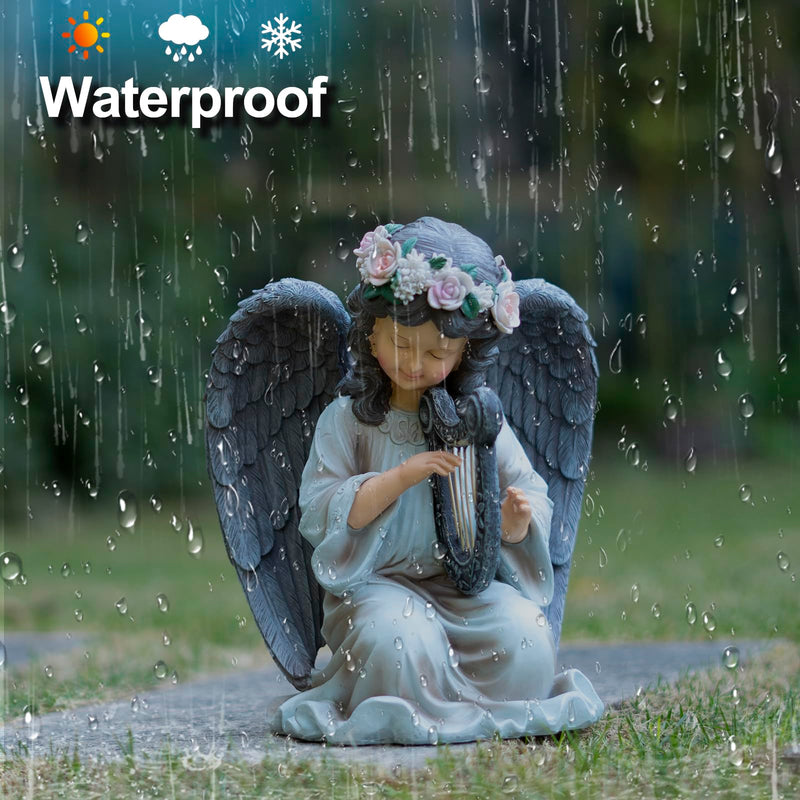 Solar Angel Garden Statue with Light Harp Playing Angel Figurine