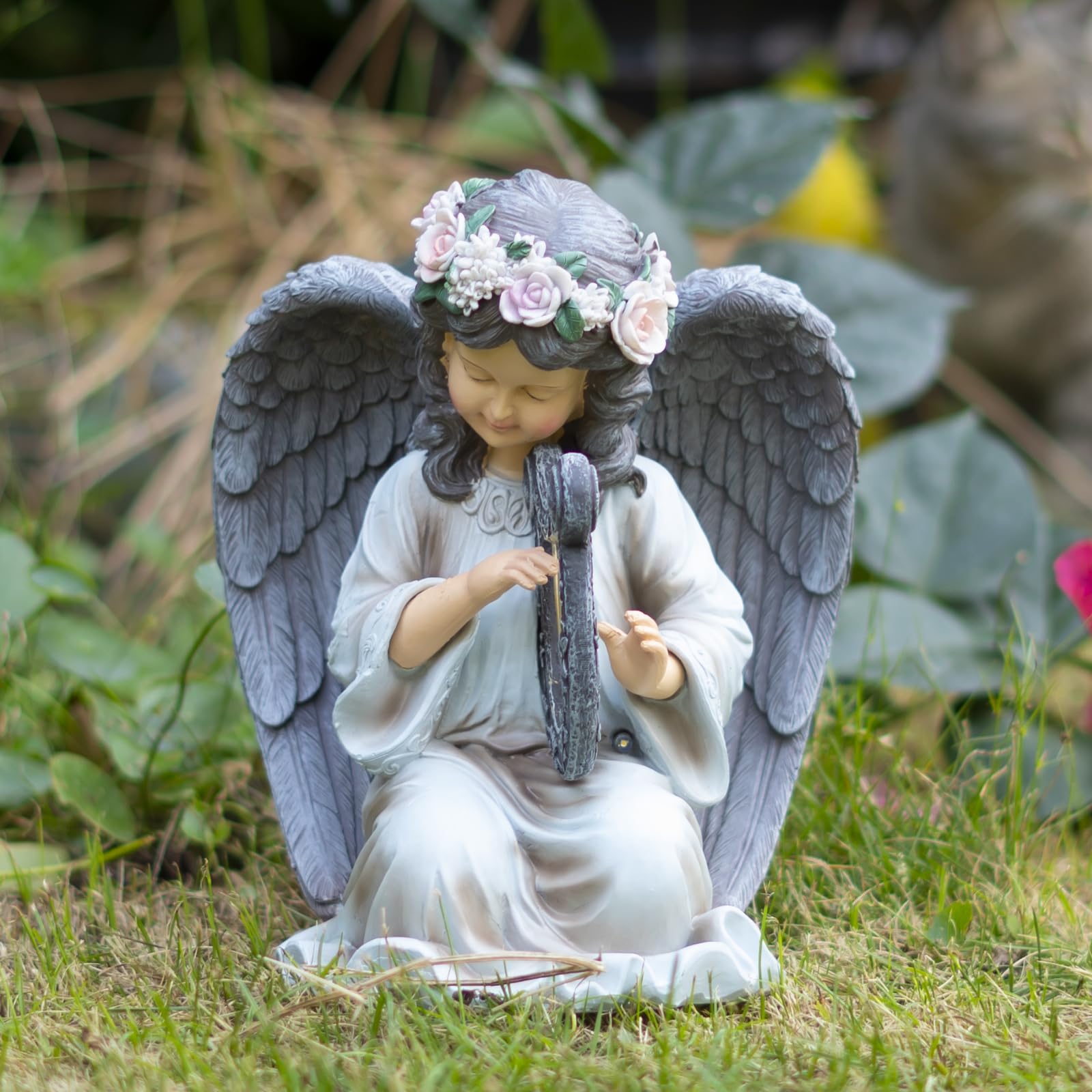 Solar Angel Garden Statue with Light Harp Playing Angel Figurine