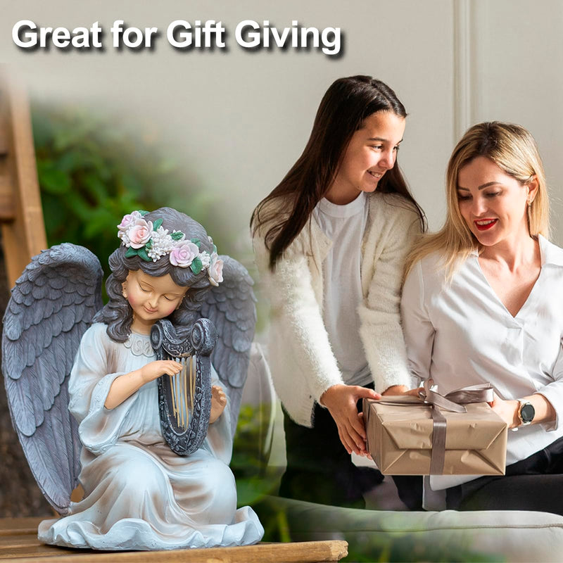 Solar Angel Garden Statue with Light Harp Playing Angel Figurine