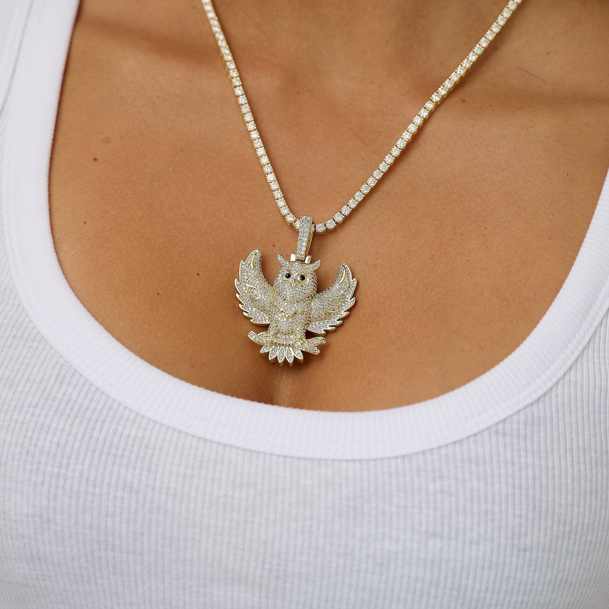 Iced Owl Pendant in Yellow Gold