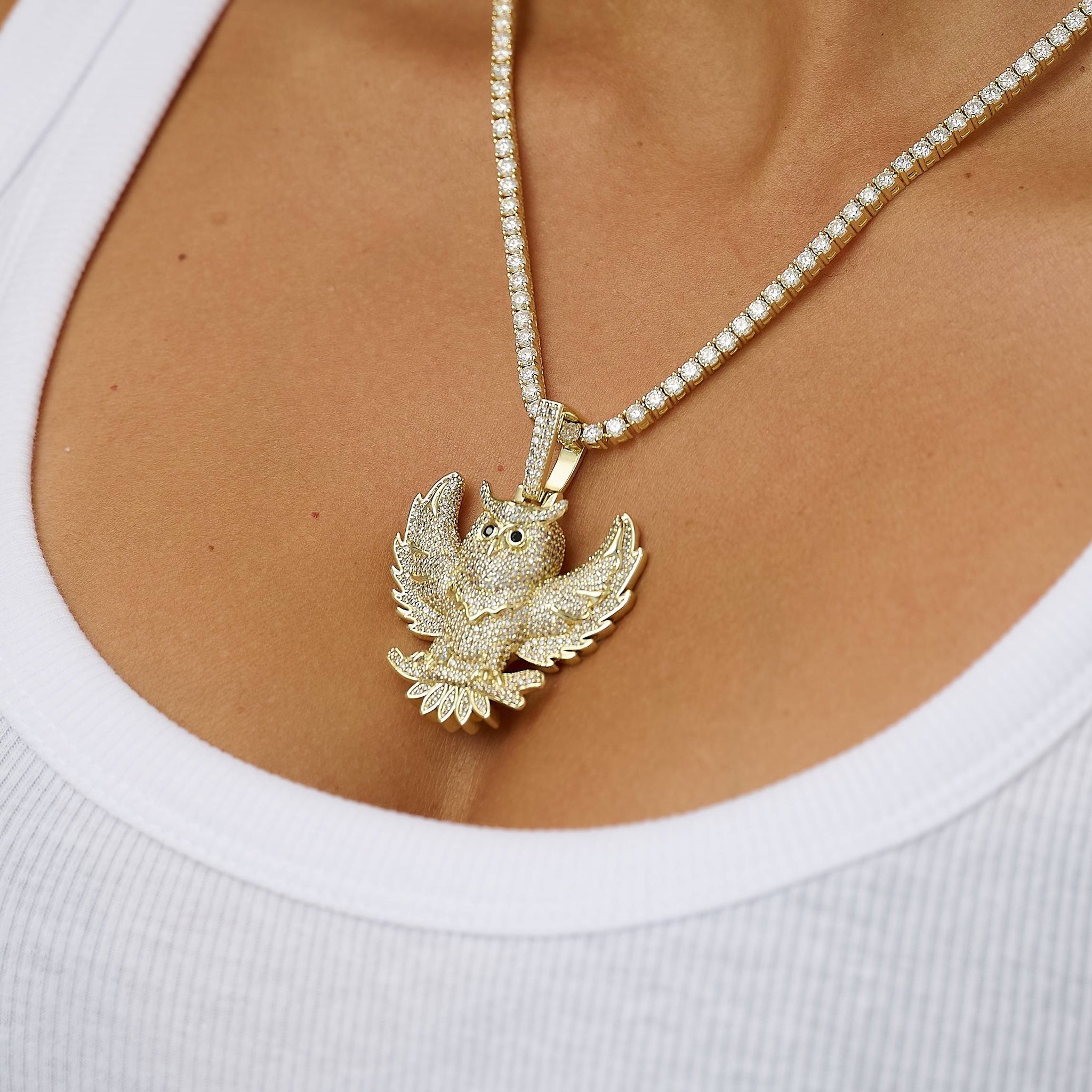 Iced Owl Pendant in Yellow Gold