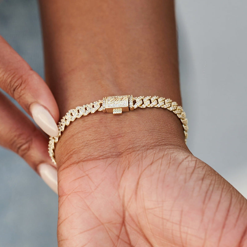 Women's 6MM Micro Diamond Prong Moissanite Cuban Bracelet in Yellow Gold Vermeil