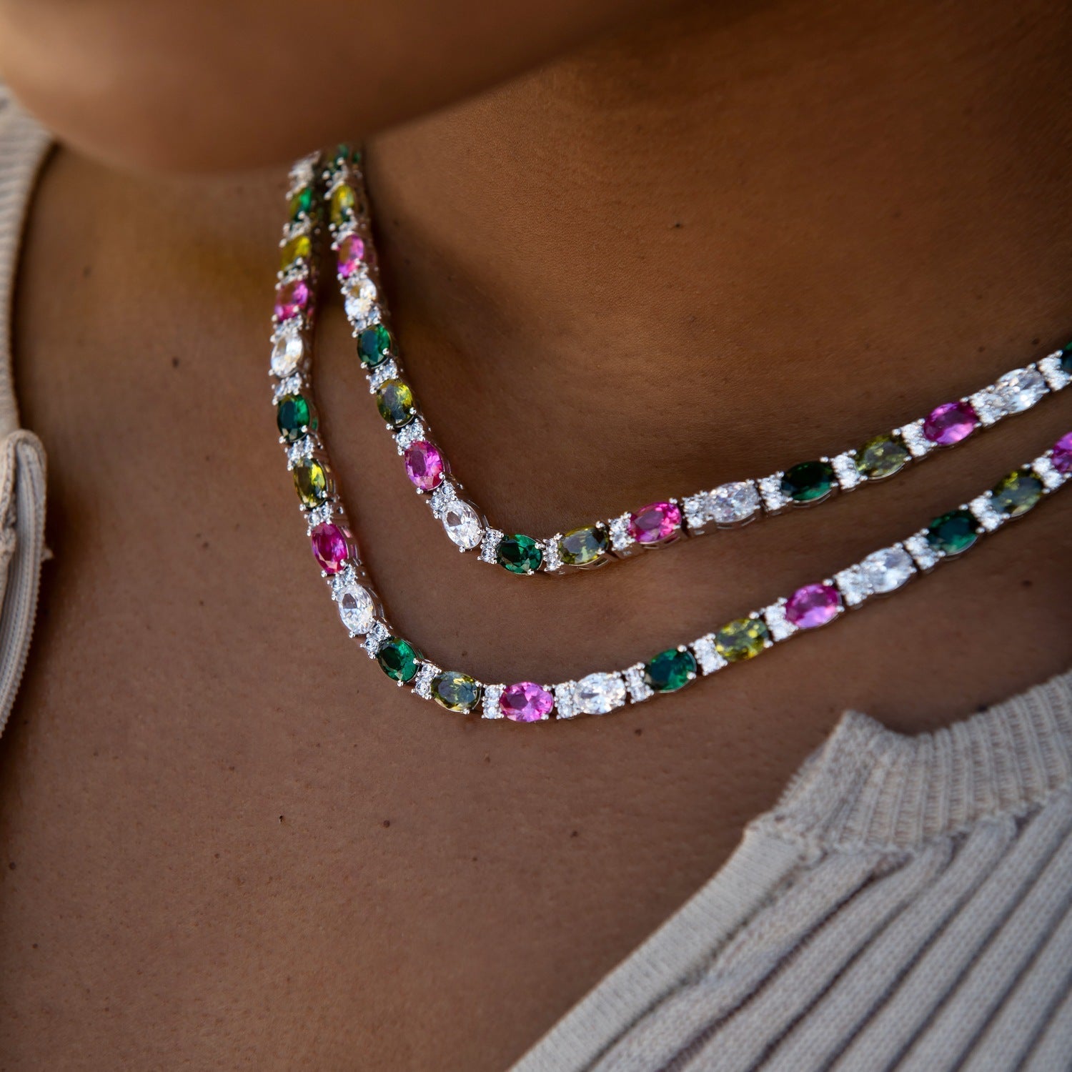 Multicolor Mixed Oval Cut Tennis Necklace + Bracelet Bundle- 5mm