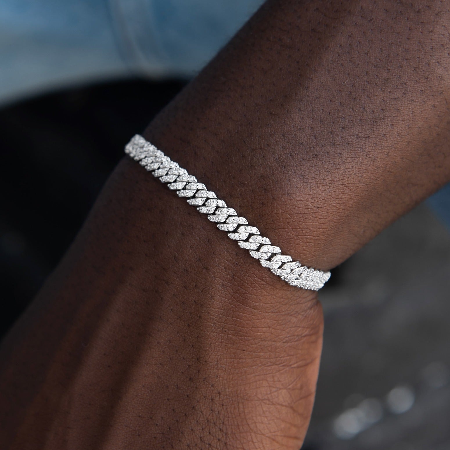 Men's 6MM Micro Diamond Prong Moissanite Cuban Bracelet in White Gold Vermeil