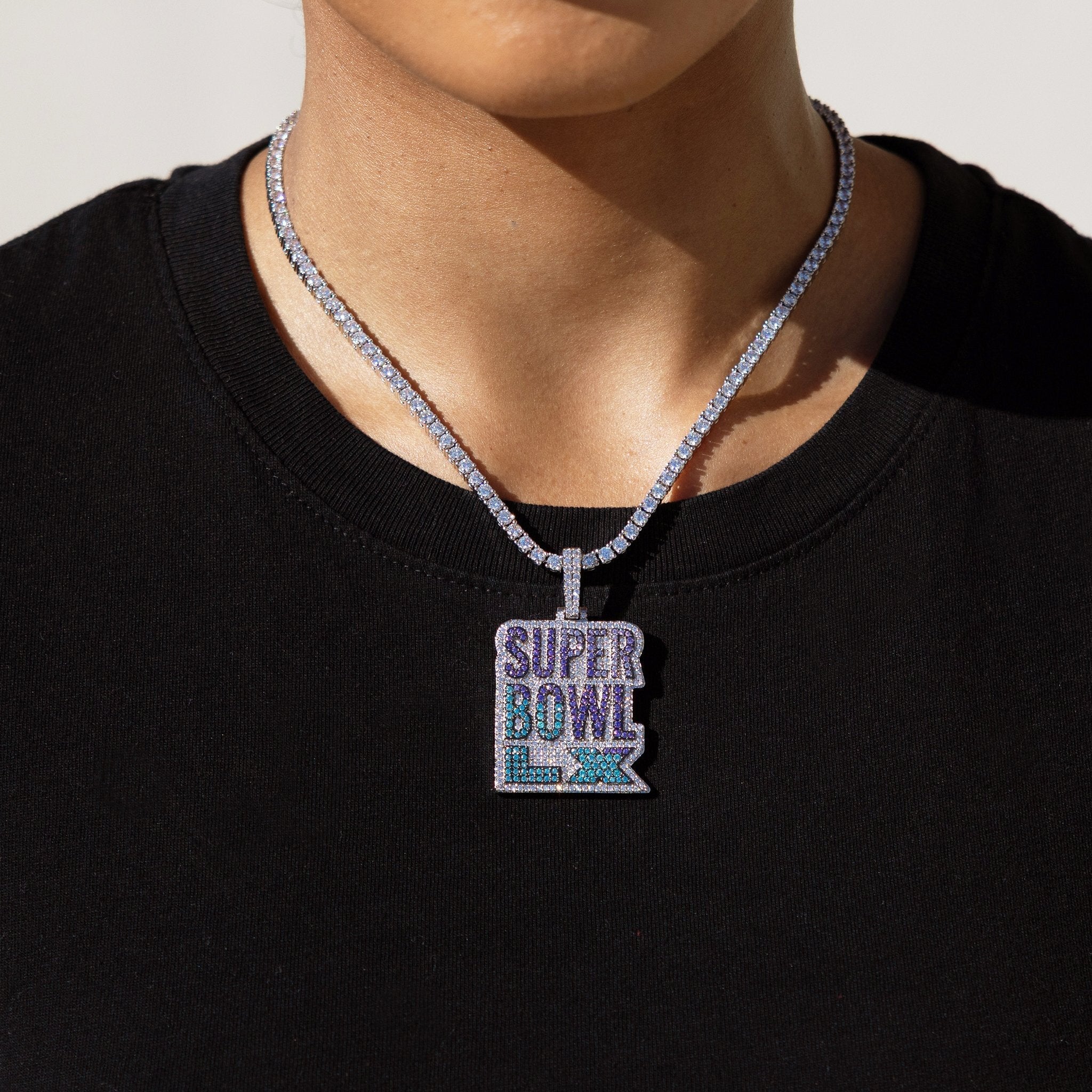 Iced 2026 Blue Ombre Stacked Super Bowl LX Official NFL Wordmark Pendant in White Gold