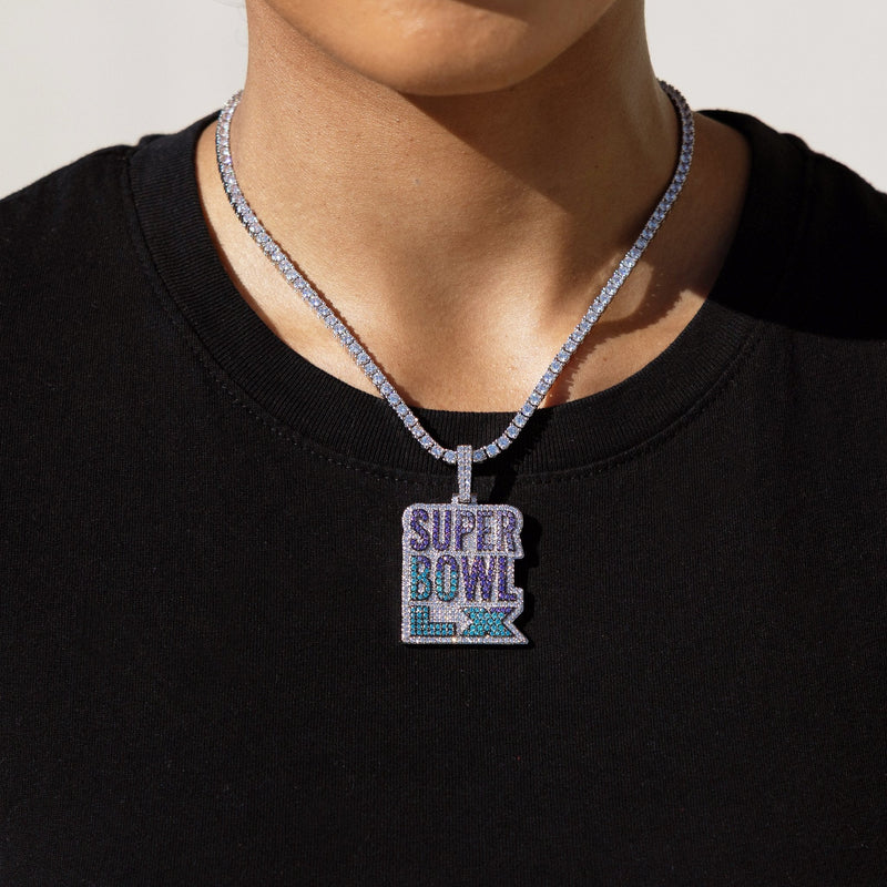 Iced 2026 Blue Ombre Stacked Super Bowl LX Official NFL Wordmark Pendant in White Gold