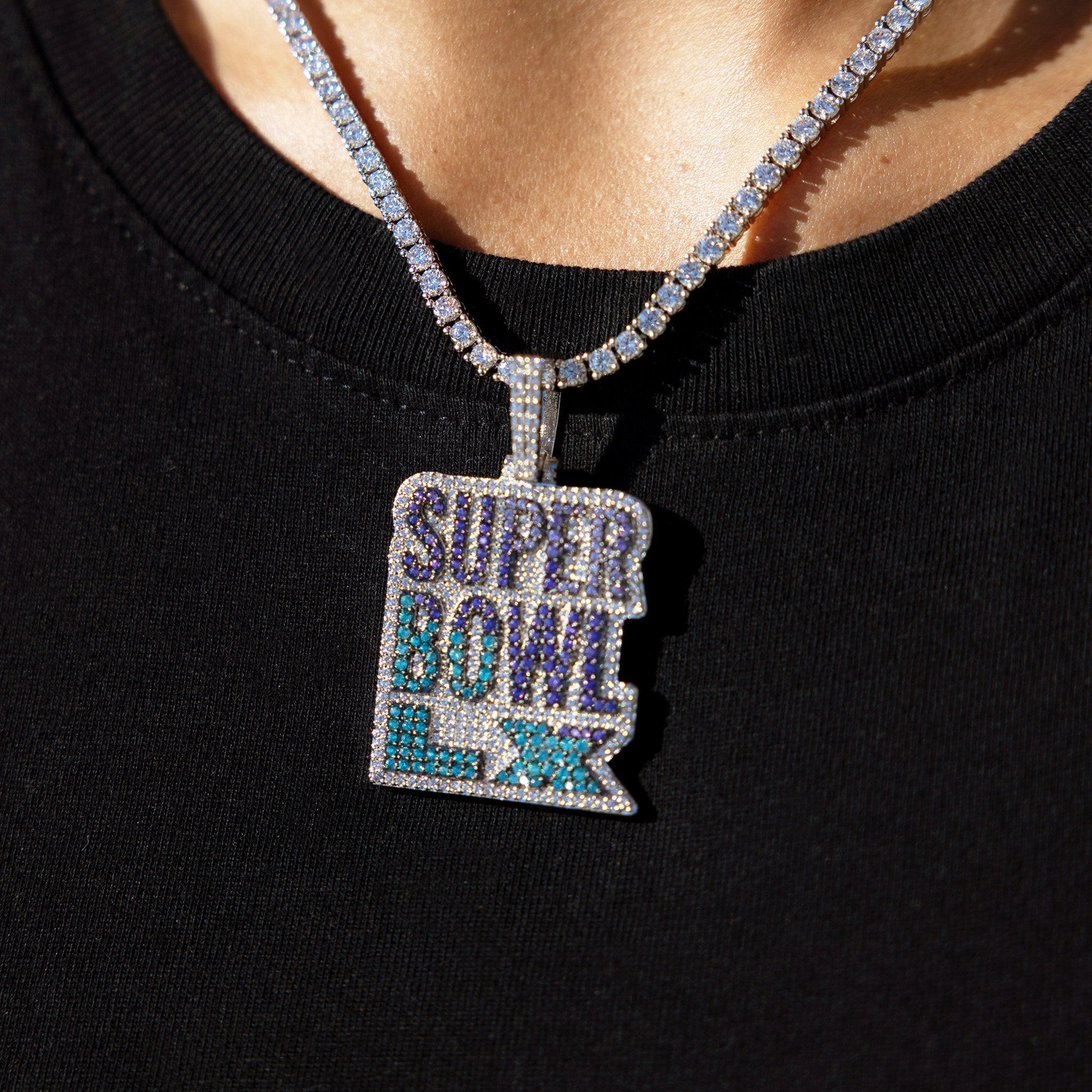 Iced 2026 Blue Ombre Stacked Super Bowl LX Official NFL Wordmark Pendant in White Gold