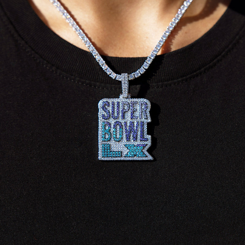 Iced 2026 Blue Ombre Stacked Super Bowl LX Official NFL Wordmark Pendant in White Gold
