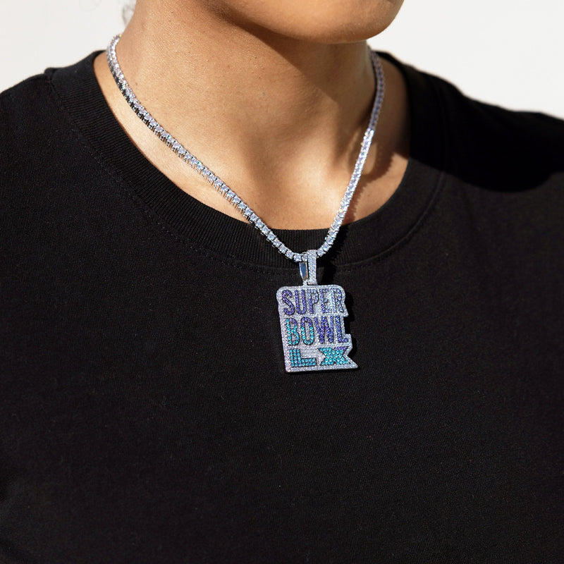 Iced 2026 Blue Ombre Stacked Super Bowl LX Official NFL Wordmark Pendant in White Gold