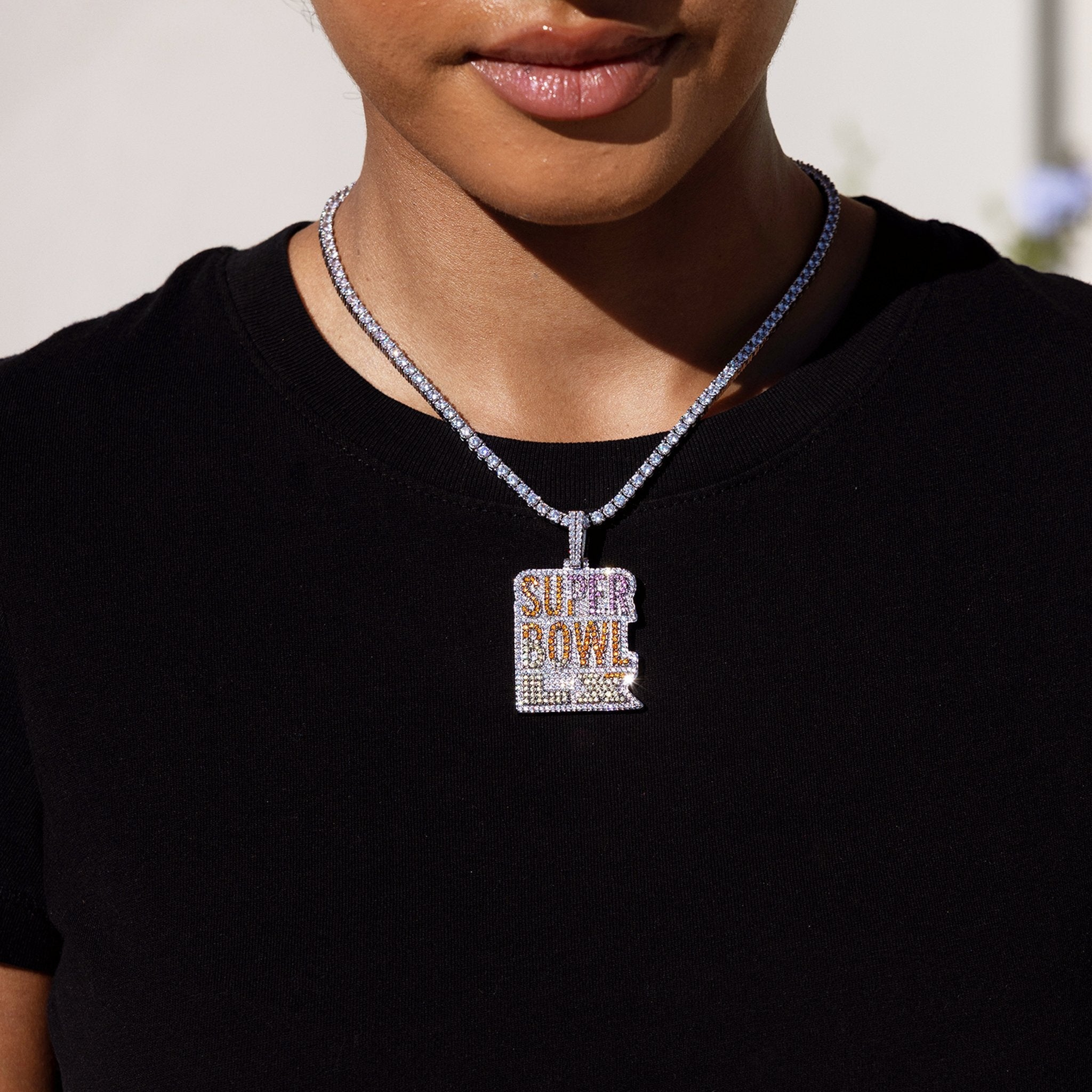 Iced 2026 Pink Ombre Stacked Super Bowl LX Official NFL Wordmark Pendant in White Gold