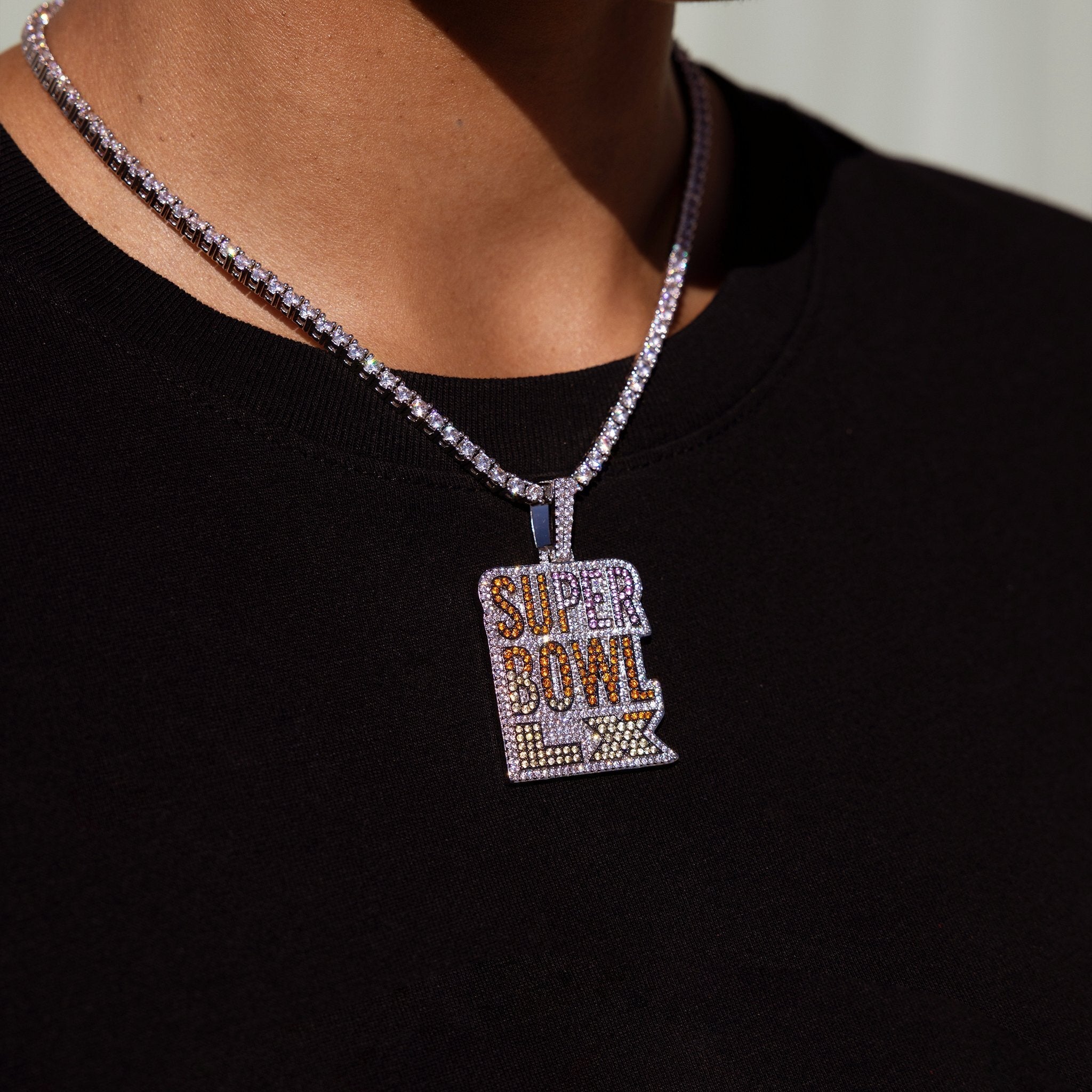 Iced 2026 Pink Ombre Stacked Super Bowl LX Official NFL Wordmark Pendant in White Gold