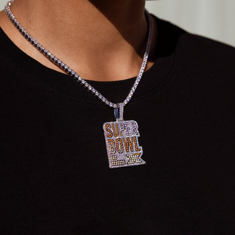 Iced 2026 Pink Ombre Stacked Super Bowl LX Official NFL Wordmark Pendant in White Gold
