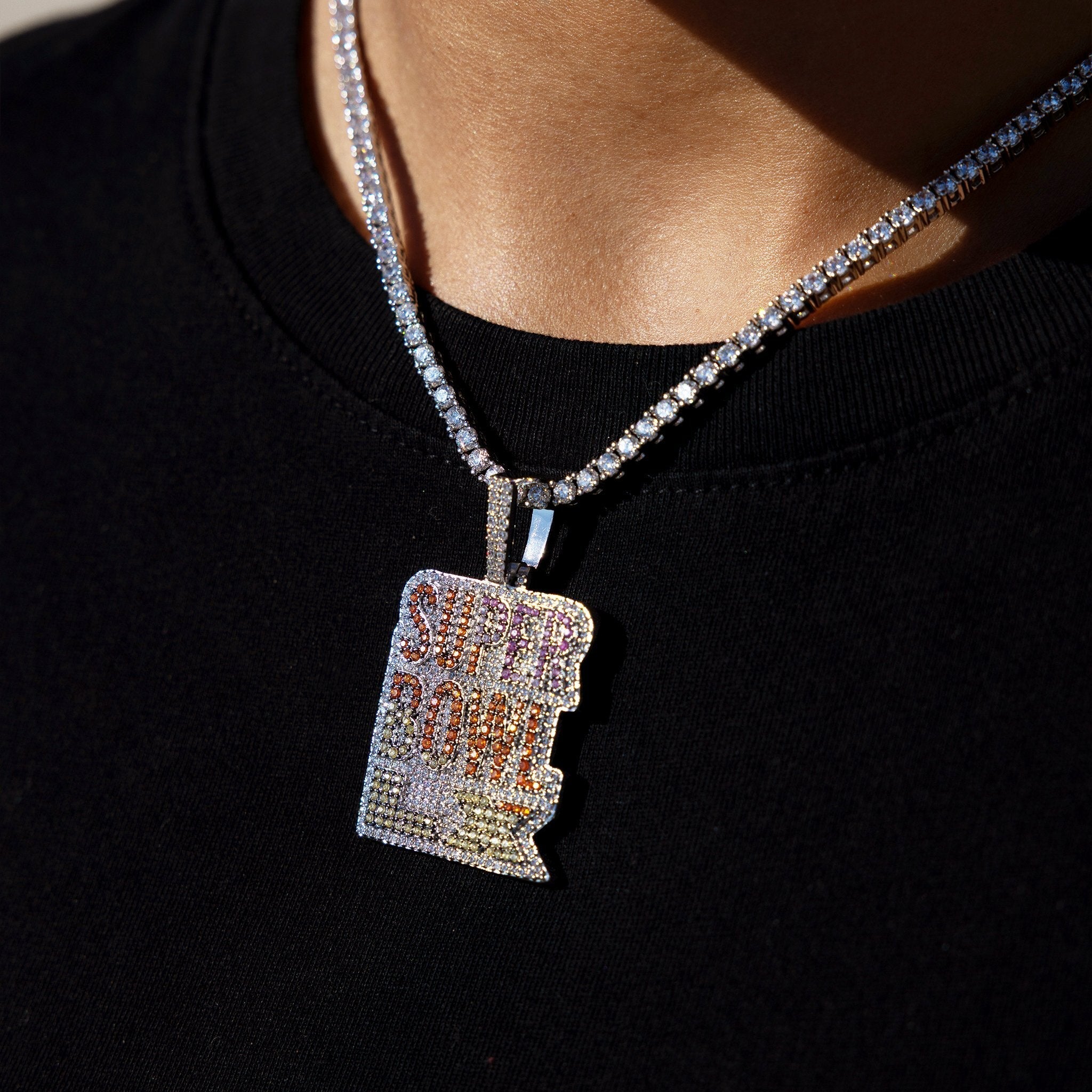 Iced 2026 Pink Ombre Stacked Super Bowl LX Official NFL Wordmark Pendant in White Gold