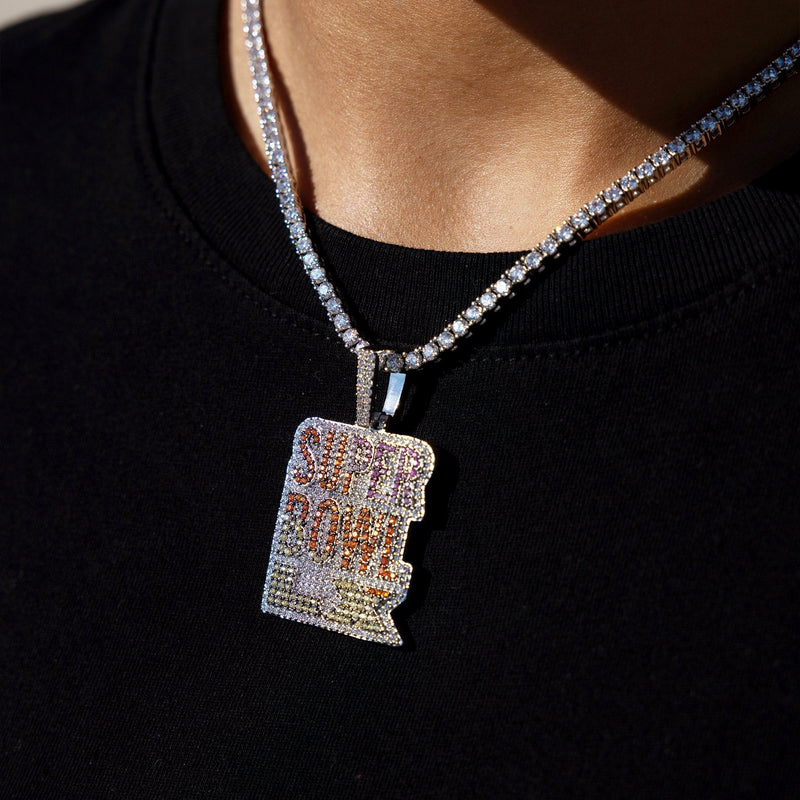 Iced 2026 Pink Ombre Stacked Super Bowl LX Official NFL Wordmark Pendant in White Gold