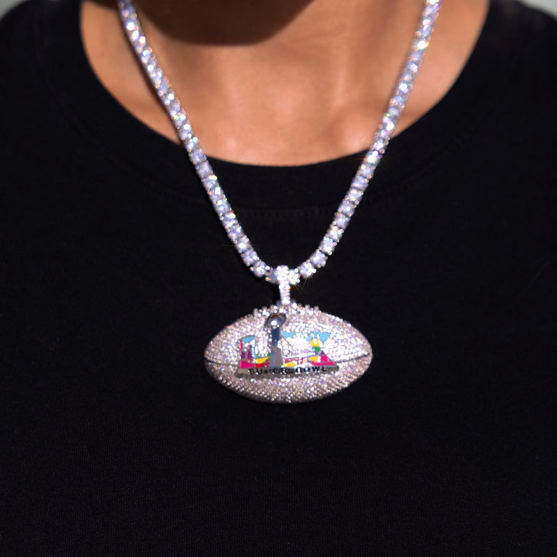 Iced Super Bowl LX Official NFL Football Pendant in White Gold