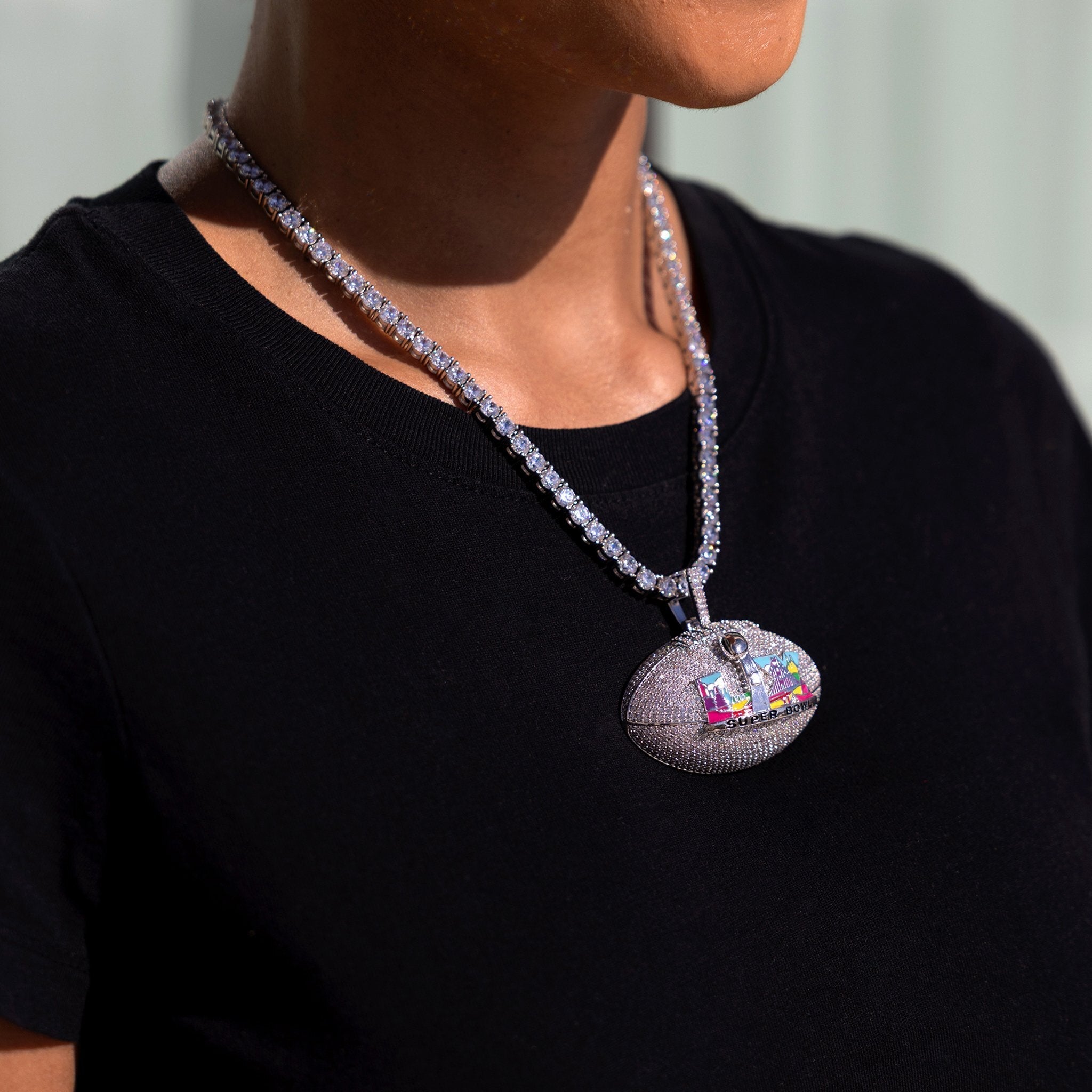 Iced Super Bowl LX Official NFL Football Pendant in White Gold