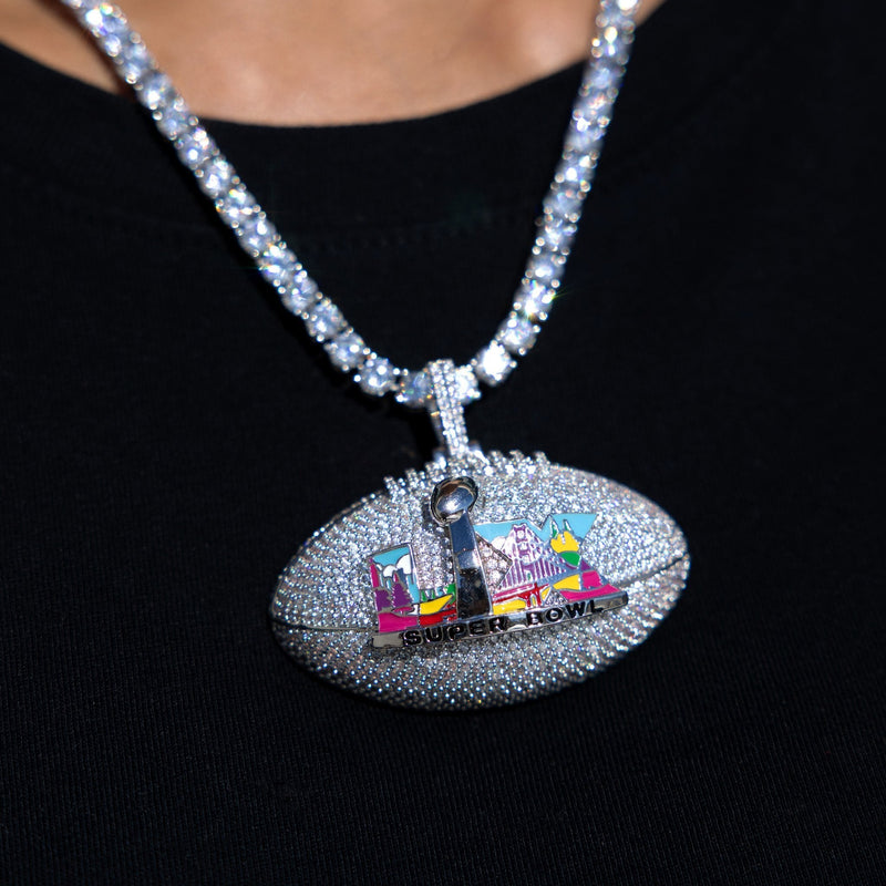 Iced Super Bowl LX Official NFL Football Pendant in White Gold