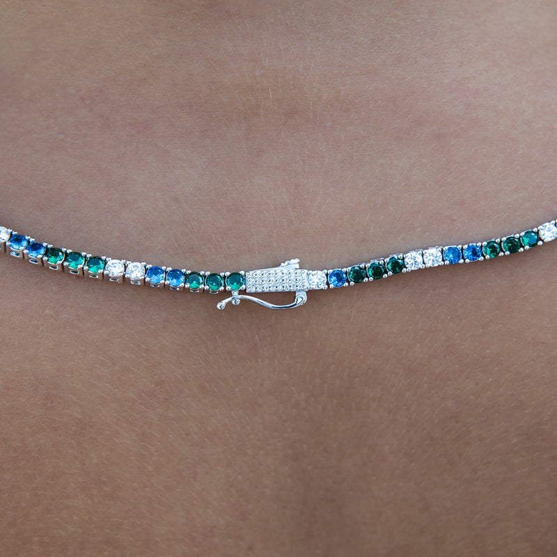 3MM Diamond Tennis Necklace - Green Royal Blue White