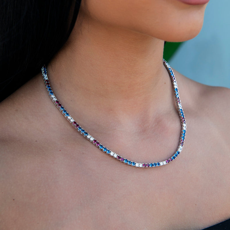 3MM Diamond Tennis Necklace - Royal Blue Red White