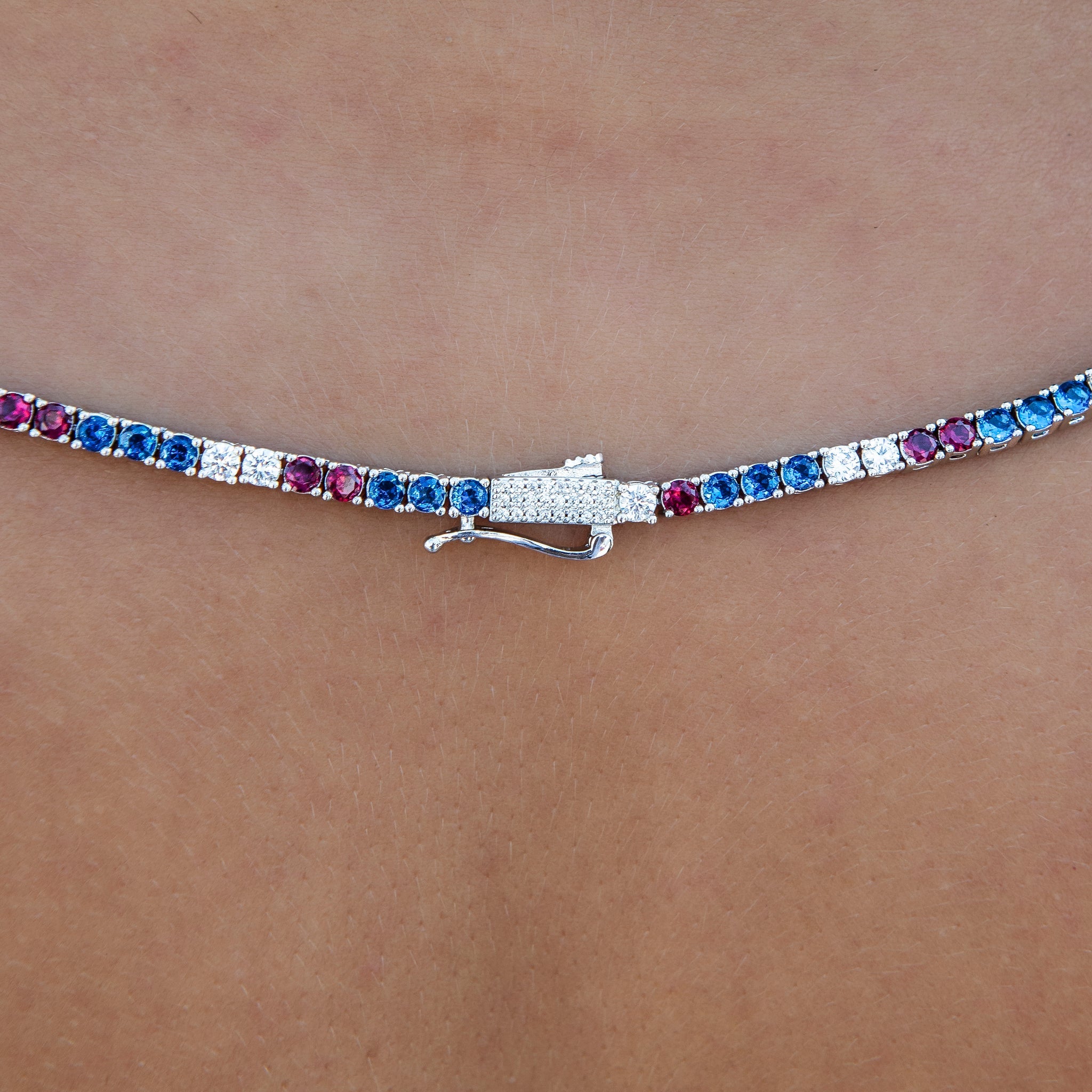 3MM Diamond Tennis Necklace - Royal Blue Red White