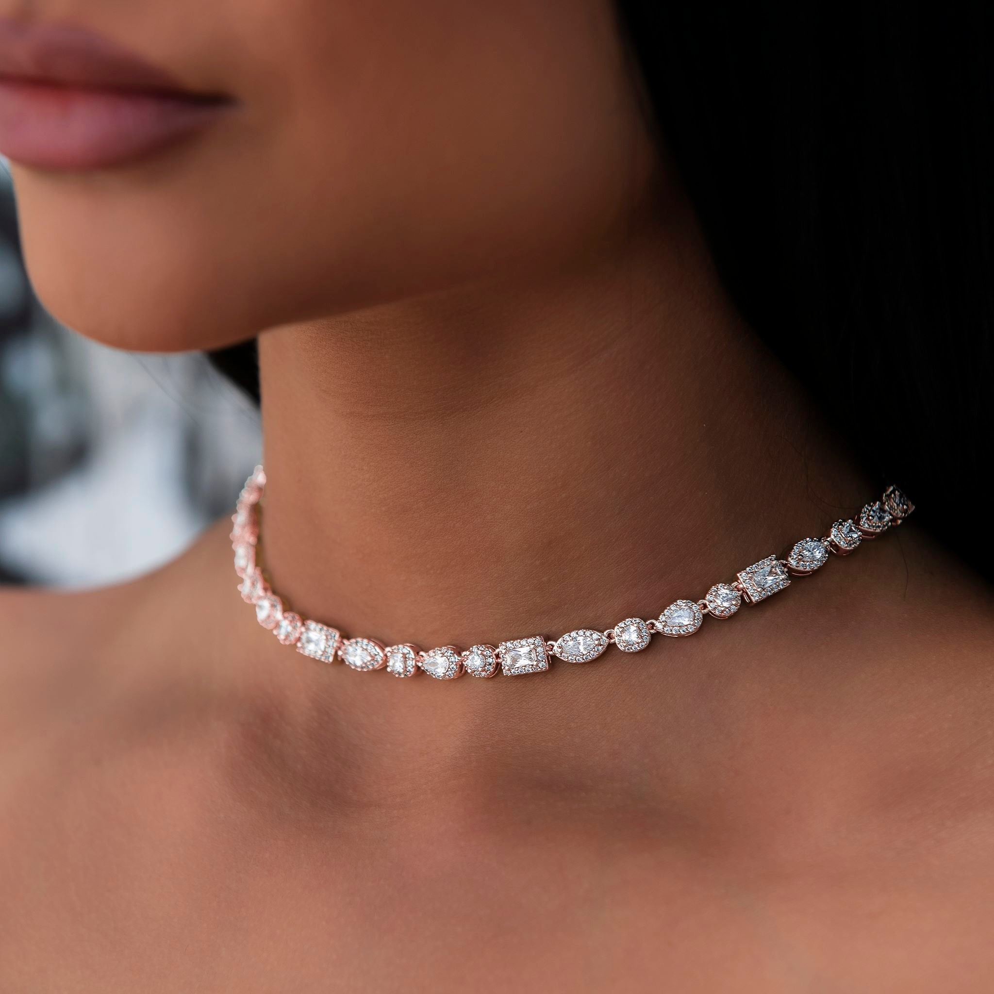 Mixed Diamond Pave Necklace in Rose Gold