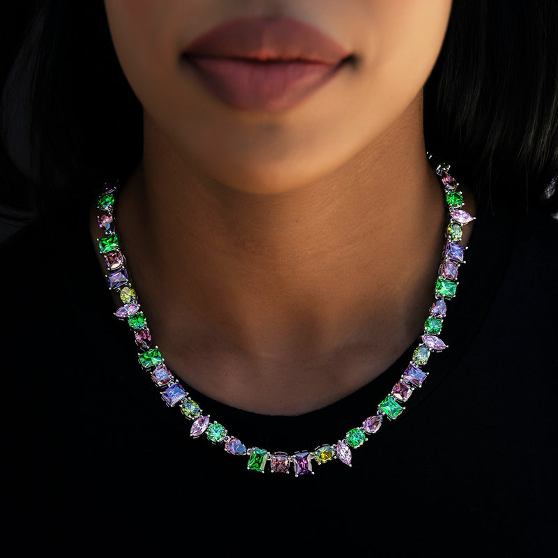 Floating Multicolor Stone Necklace in White Gold