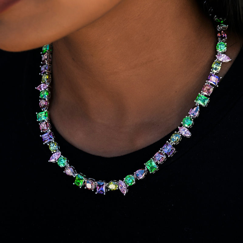 Floating Multicolor Stone Necklace in White Gold