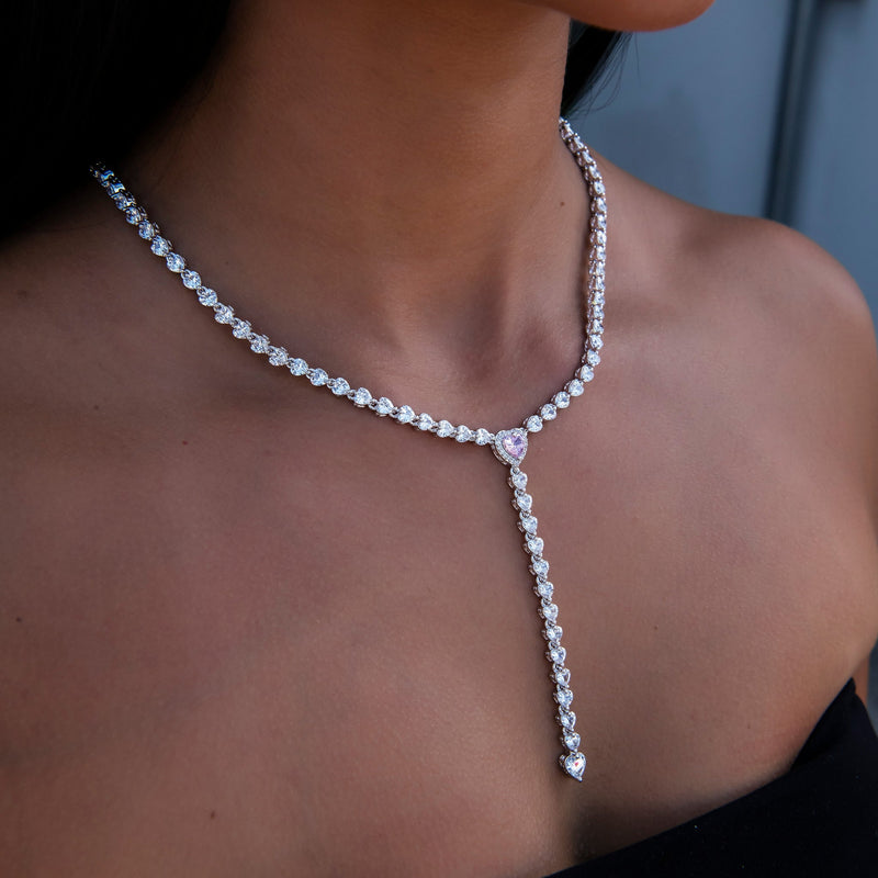 Pink Heart Lariat Necklace in White Gold