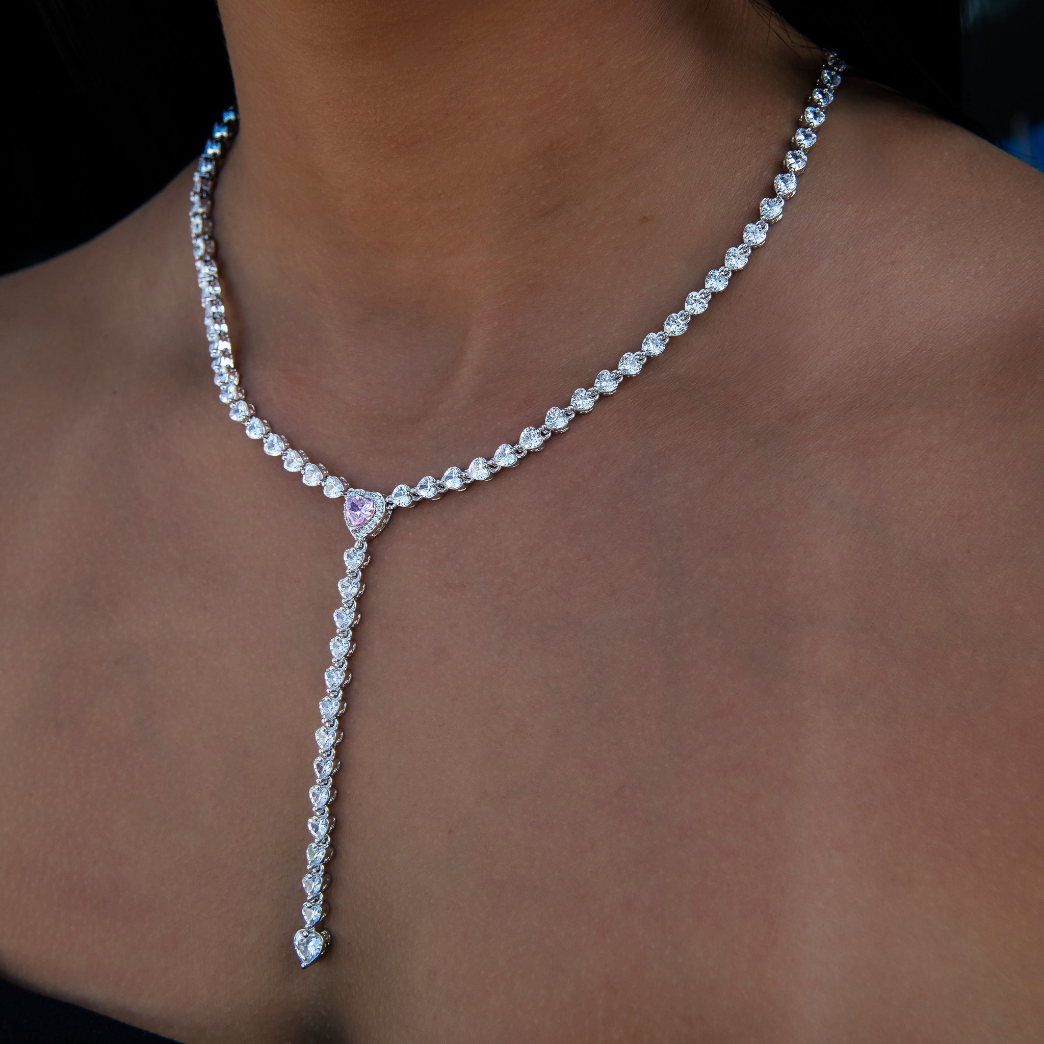 Pink Heart Lariat Necklace in White Gold