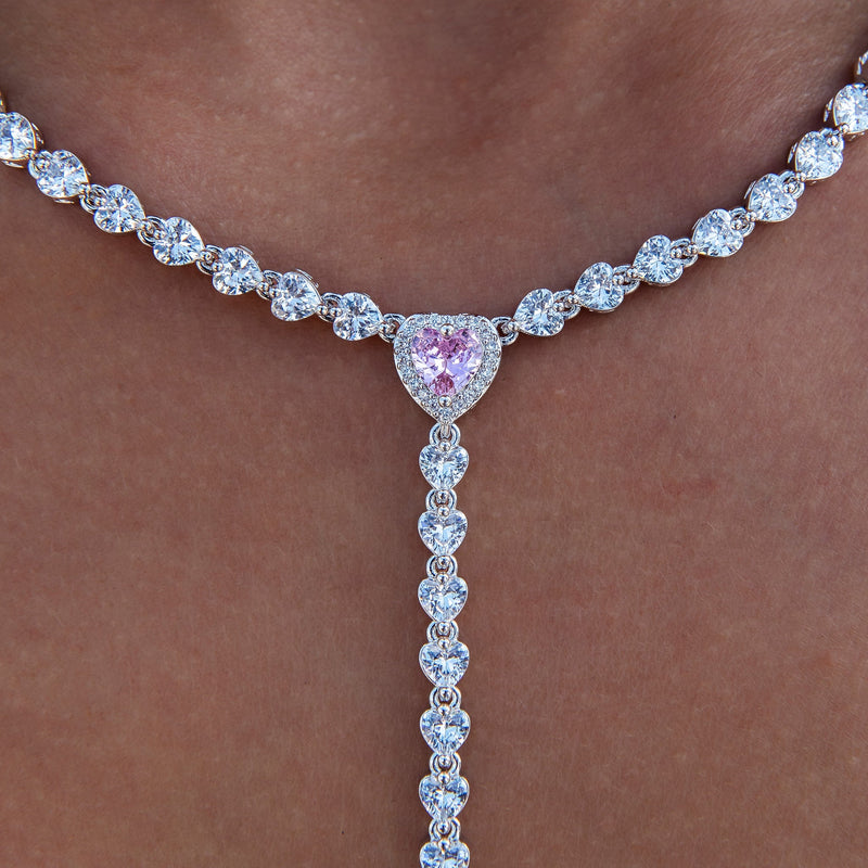 Pink Heart Lariat Necklace in White Gold