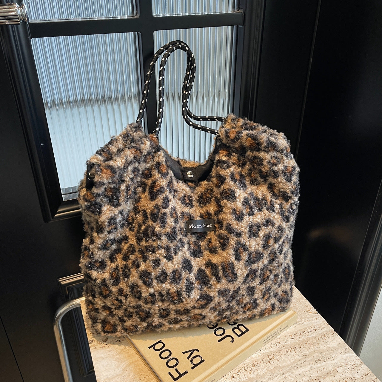Leopard Print Lamb Wool Drawstring Shoulder Bag Retro Tote