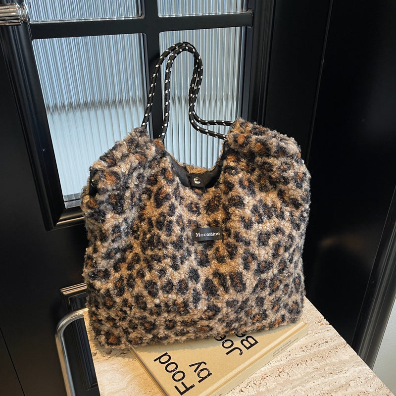 Leopard Print Lamb Wool Drawstring Shoulder Bag Retro Tote