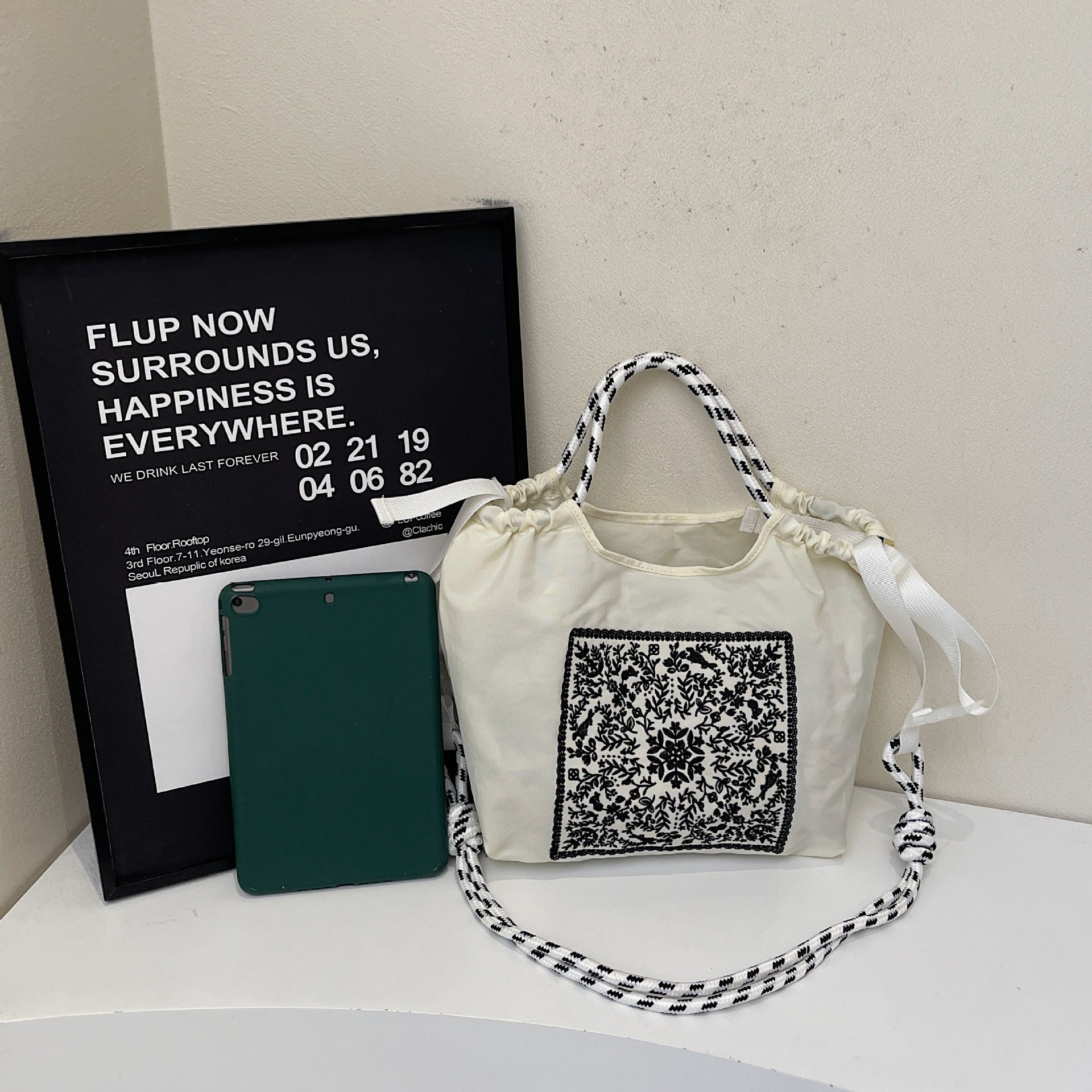Embroidered Drawstring Cloth Bag Large Capacity Casual Messenger Bag