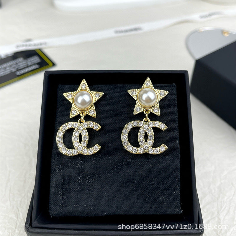 Star Double C Diamond Stud Earrings - Celebrity Style Antique Design