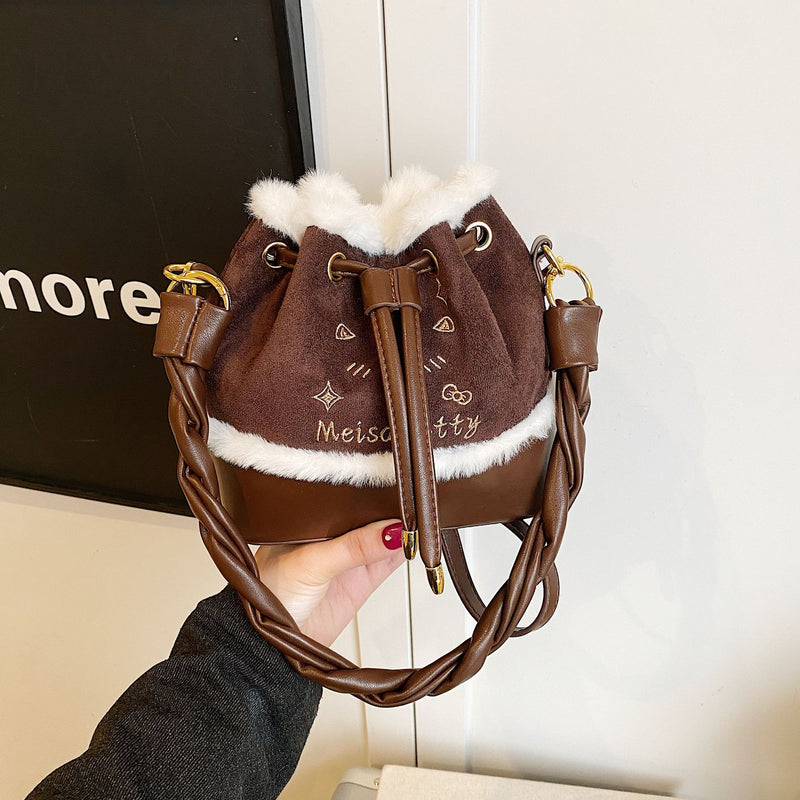 Trendy Plush Splicing Bucket Bag Contrasting Colors Shoulder Bag